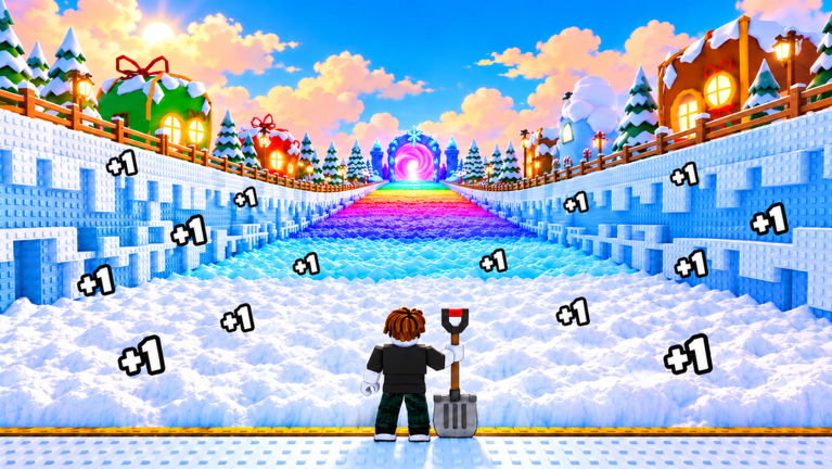 A Roblox character with a red shovel digs into a large snow pile while +1 strength icons pop up around them.