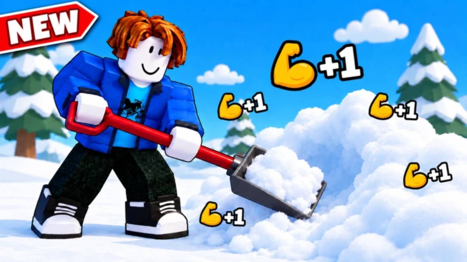 Roblox-style character shoveling a large snow pile in +1 Snow Shoveling Adventure promotional artwork, with '+1' muscle icons popping around the pile