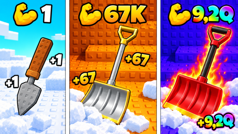 Three shovel tiers from +1 Snow Shoveling Adventure side by side, labeled +1, +67, and +9.2Q, from a starter trowel to a flaming red shovel
