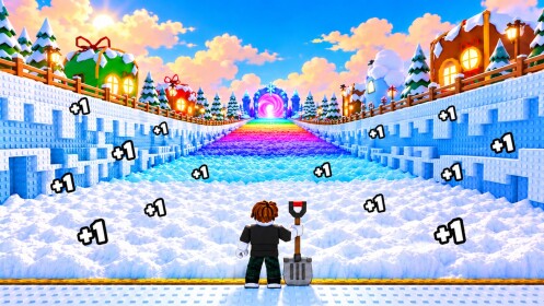 A player holding a shovel in a snow field as +1 gain popups appear in +1 Snow Shoveling Adventure